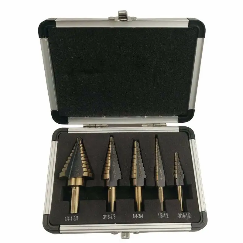 

5PCS 3/16"-1/2'' 1/8"-1/2'' 1/4"-3/4'' 3/16"-7/8'' 1/4"-1-3/8''HSS 4241 Steel Step Cone Drill Bit Cut Tool Set Hole Cutter