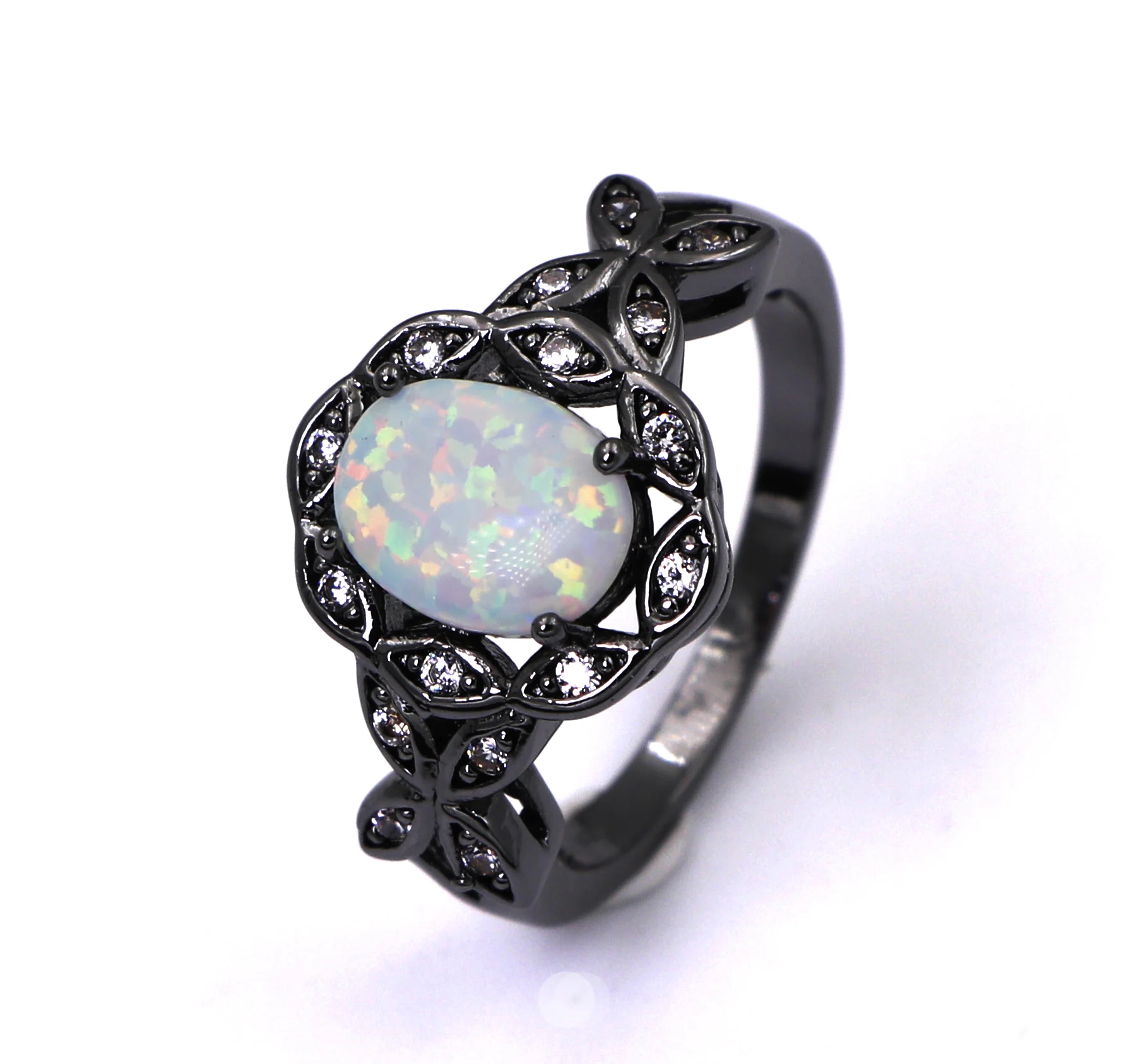 

JLR-673 Egg Design Black Gun Plated AAA White Opal Fashion Jewelry For Women Cocktail Ring