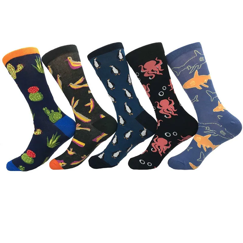 Cartoon Animals Penguin Octopus Shark Plant Cactus Colorful Happy Cool hip hop Skate short Socks Funny Cotton Men Dress Socks