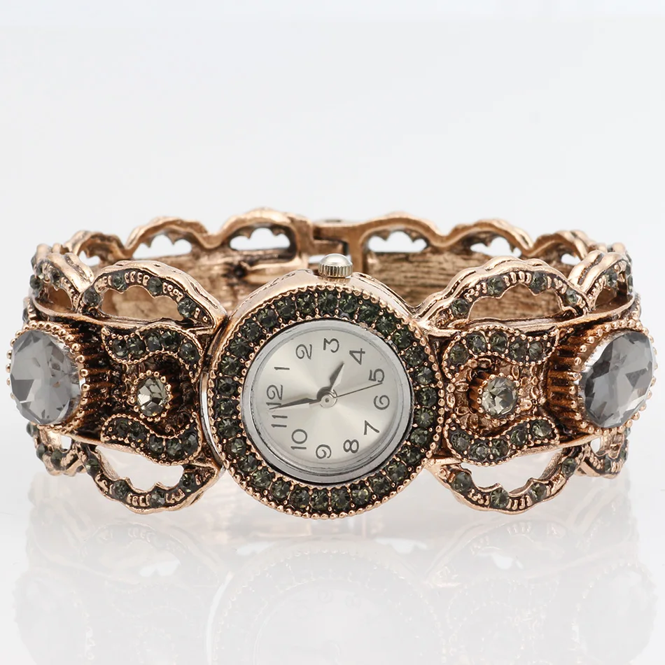 Vintage Round Gray Crystal Bangle Watch Jewelry For Women Antique Gold Color Cuff Bracelet Turkish Wedding Bijoux 2018 Wholesale