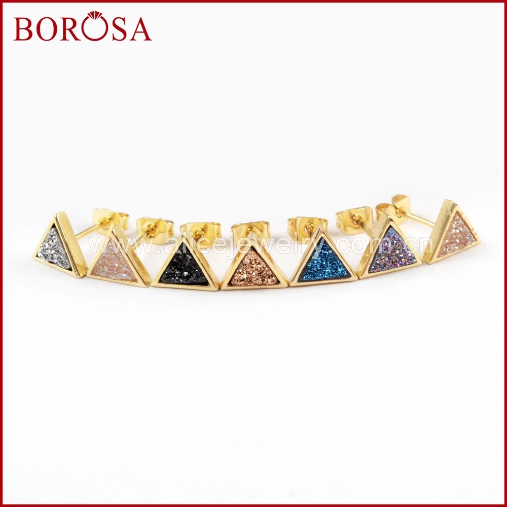 BOROSA 5/10Pairs Triangle Gold Color Bezel Rainbow Titanium Druzy Stud Earrings Fashion Drusy Earring Jewelry for Women ZG0279