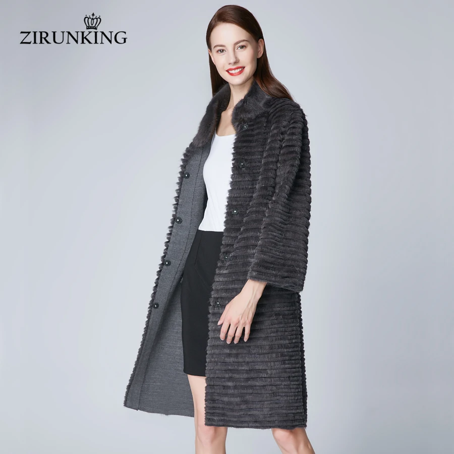 ZIRUNKING Long Style Fashion Women Real Fur Coats Plus Size Muskrat Stripe Rabbit Fur Shuba Fashion High Quality Overcoat ZC1849