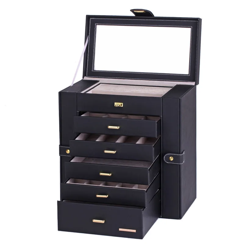 Extra Large Black Jewelry Box Mirrored Jewellery Cabinet Portable Trinkets Display Armoire Luxury PU Bracelets Necklaces Cases