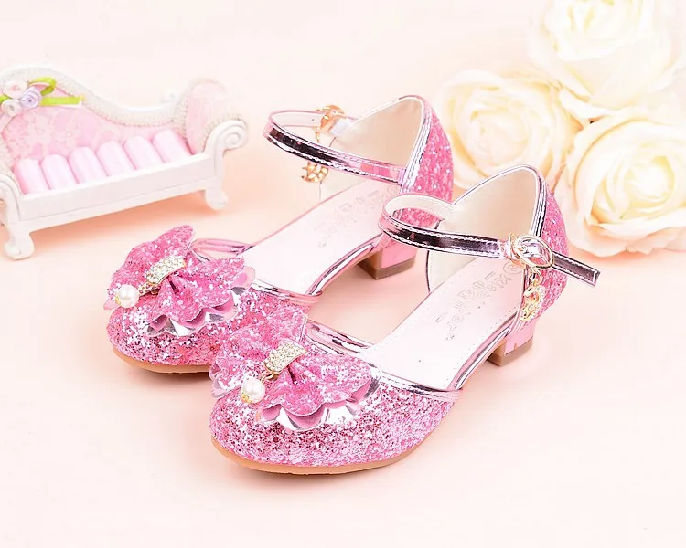 Summer girl shoes High Heels Princess Sandals Kids Wedding Beading Bowtie Shoes for Children Pink Gold Silver school  dance shoe