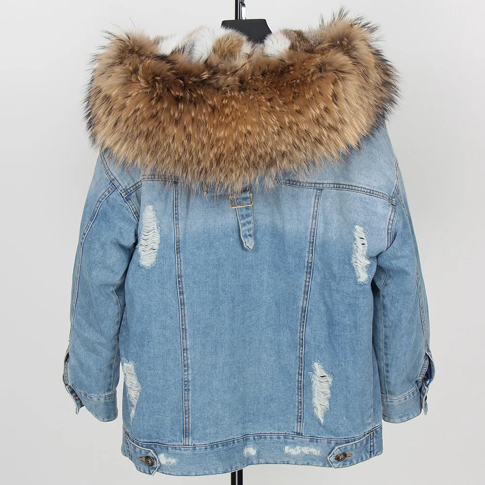 Maomaokong Denim Jas Parka Winter Vrouwen Parka Real Bontkraag Jas Natuurlijke Wasbeer Bont Kap Real Konijnenbont Voering Luxe