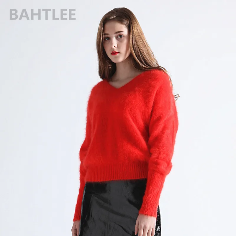 BAHTLEE-Women\'s Angora Rabbit Knitted Pullovers, Sweater, V-Neck Jumper, Batwing Sleeve, Fashion, Keep Warm, Autumn, Winter