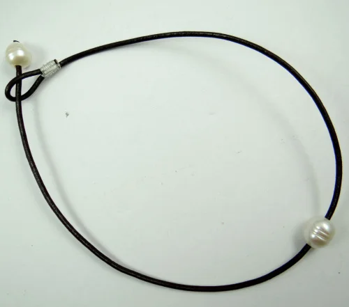 brown Genuine Leather white Freshwater Pearl Handmade Jewellery Necklace R66