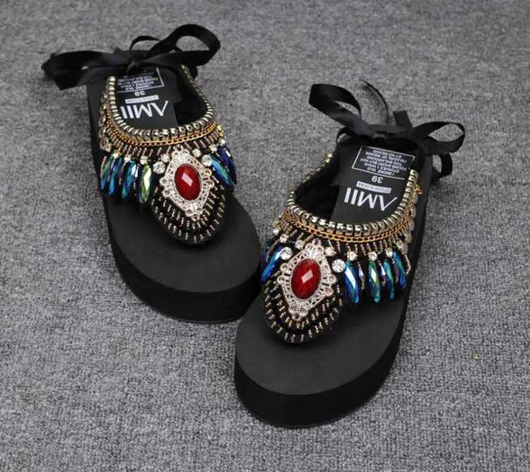 Women Shoes flowers Slippers Wedge Slip On Slides Beach Slipper Flip Flops Sandels Handmade Flower Platform Shoes 3CM Heel