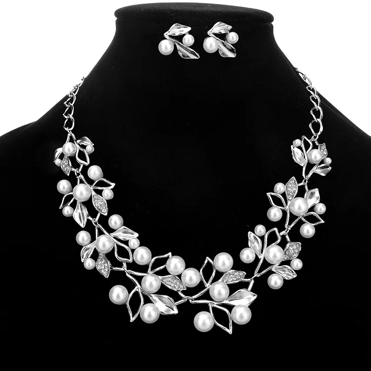 Simulated Pearl Jewelry Set Leaves Necklaces & Pendants Statement Necklace Earrings Set Gold Color Bridal Jewelry Sets For Women