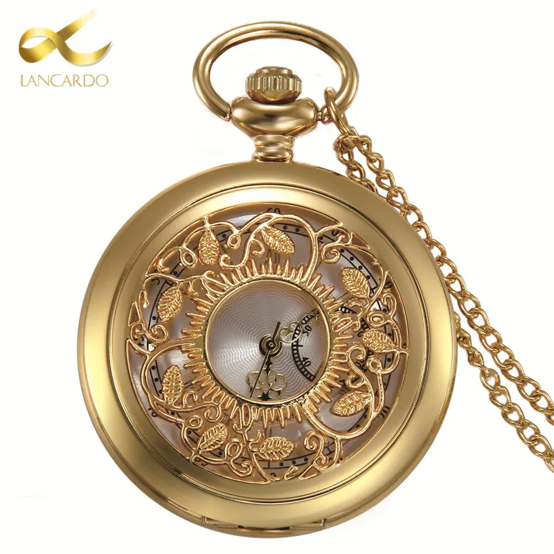 Lancardo Roman Numerals Gold Pocket Watch Hollow Leaf Tree Pocket Watches Unisex Luxury Brand Necklace Pendant Watch With Chain