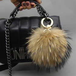 Fashion High-end Luxury 15CM Fluffy Raccoon Fur Ball Keychain Real Fur Key Chains Fur Pom Pom Keychin Pom Pom Women Bag Pendant