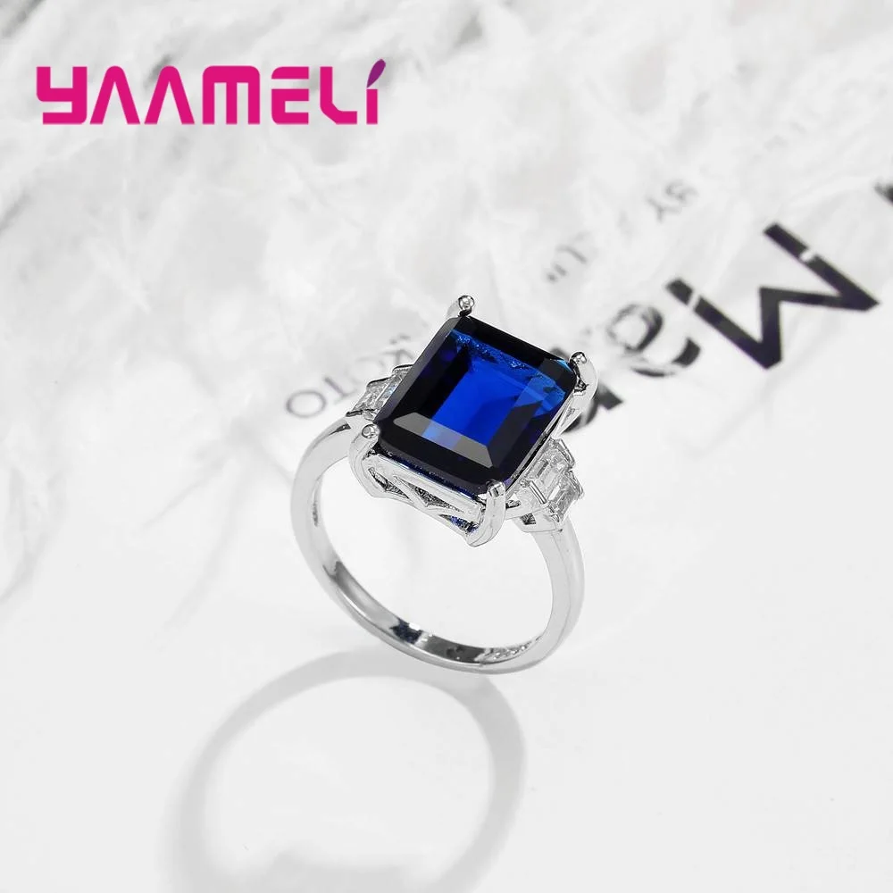 Classic Female Big Purple Rectangle Natural 925 Sterling Silver Color Wedding Party Rings For Women Simple Cubic Zirconia