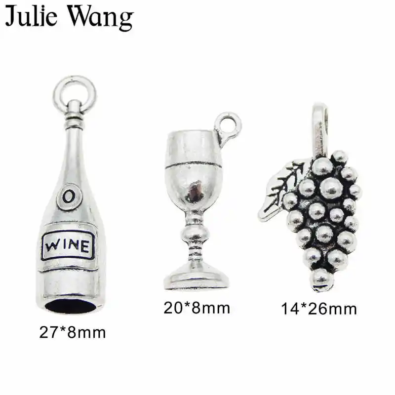 Julie Wang 12PCS Wine Bottle Goblet Grape Set Charms Antique Color Alloy Earrings Bracelet Jewelry Making Pendant Accessory