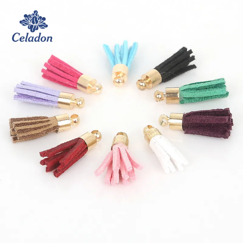 10pcs/lot Suede Tassel For Keychain Cellphone Straps Jewelry Charms,10mm Leather Tassels With Plated Gold Caps Diy Accessories