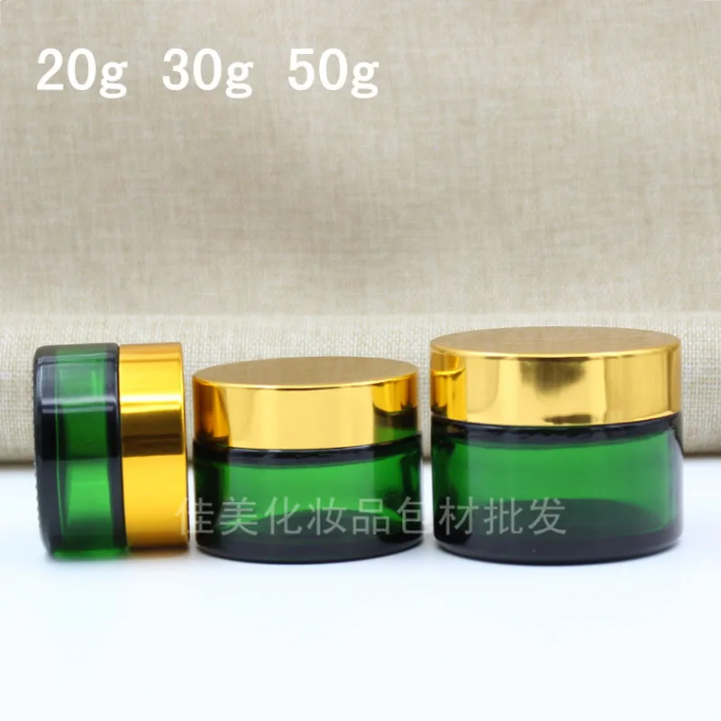 10pcs 20 g 30 g 50g Cream Green Glass Jar Empty Bottles Refillable Container Cosmetic Gold/Silver/Black Cap Choose