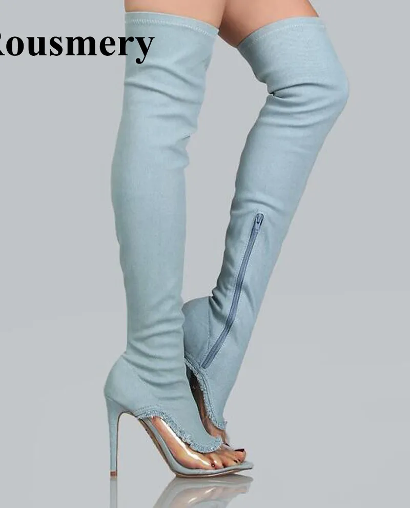 Free Shipping Women Fashion Open Toe Transparent Design Over Knee Denim Boots Cut-out Long Blue Thin Heel Boots Gladiator Boots