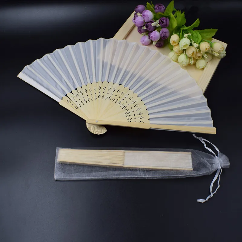 Auviderin 10pcs/Lot White Folding Elegant Silk Hand Fan with Gift Bag for Wedding Party Favors Gift 18 Colors Available