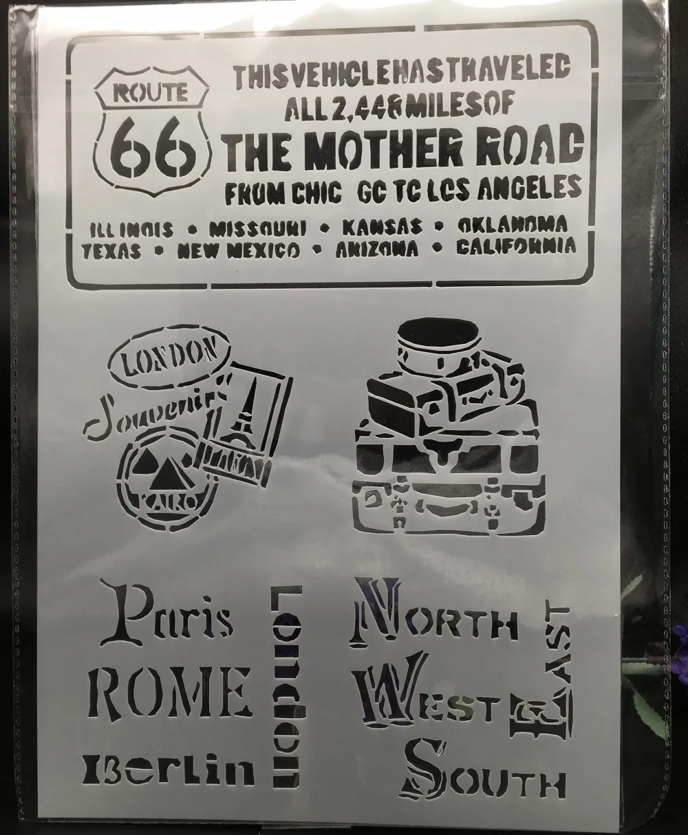 Plantillas de capas A4 Route 66, pintura de pared, álbum de recortes, coloración, relieve, álbum, plantilla de tarjeta decorativa, DIY, 29x21cm