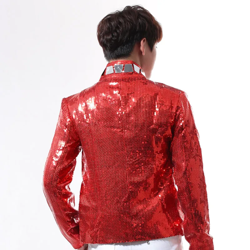 Men Red Sequins Mirror Rivet Jacket Zipper Slim Coat Bar Nightclub Male Singer DJ Rock Punk Jazz Dance Costume Singer Stage Wear