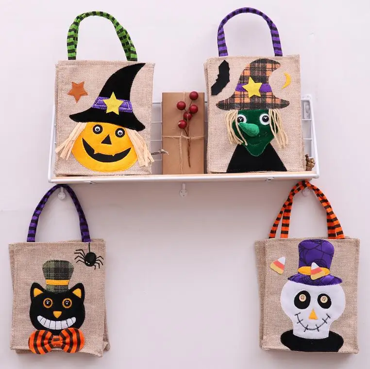 Halloween Decoration Party Gift Bag Pumpkin Witch Skeleton Ghost Linen Totes Sweets Cookies Gift Packing Bags Fancy Dress Props