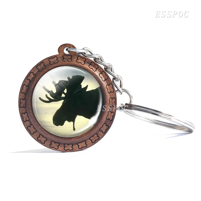 Deer Wooden Keychain Glass Cabochon Jewelry Women Men Vintage Animal Pendant Black and White Elk Key Chain Christmas Gifts