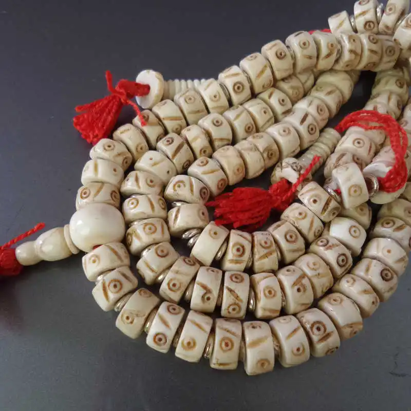 Tibet 108 Yak Bone Hand Carved Totem Sar Moon Prayer Beads Mala 10mm BRO978