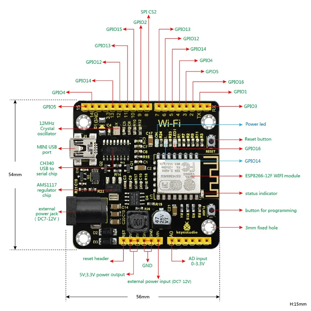 Keyestudio ESP8266 WI-FI Development Board+USB Cable For Arduino /Based on ESP8266-12FWIFI /Support RTOS