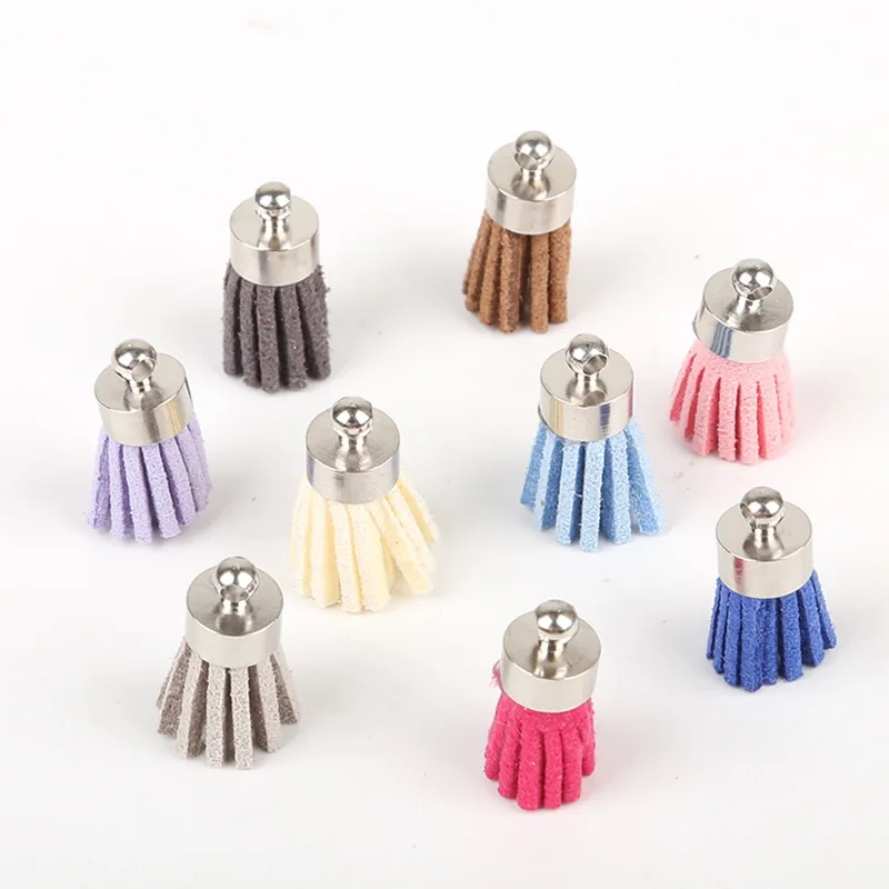 10Pcs 14 Colors 18mm Rhodium Bells Suede Faux Leather Small Tassel Charm Pendant For DIY Earring Necklace Keychain Accessories