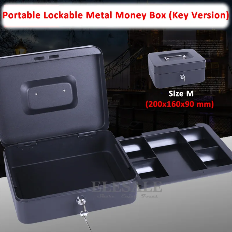 

High Quality Size M 8" Portable Money Cash Box Lockable Security Safe Box Durable Steel With 2 Keys And Tray 200x160x90 mm