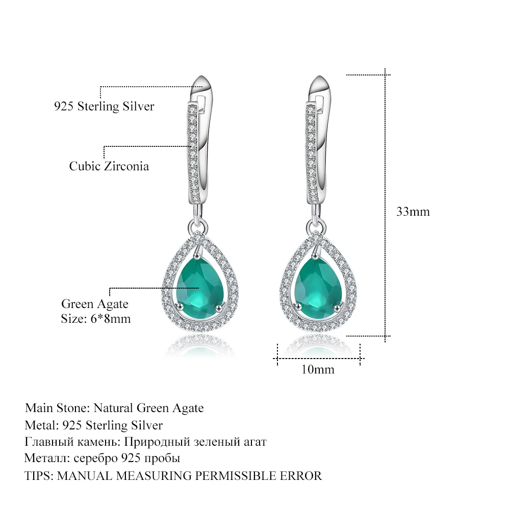 GEM\'S BALLET Natural Water Drop Green Agate Gemstone Earrings 925 Sterling Silver Vintage Drop Earrings for WomenFine Jewelry
