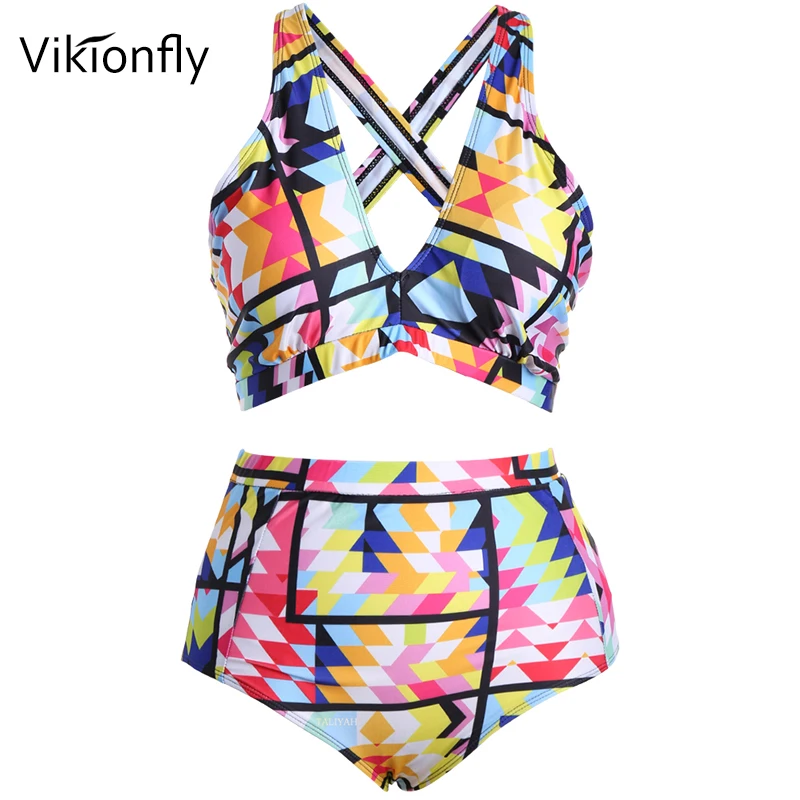 

Vikionfly Plus Size Swimwear Bikini Women 2020 Colorful Strips High Waist Swimsuit Large Size Bathing Suit For Big Breast 4XL