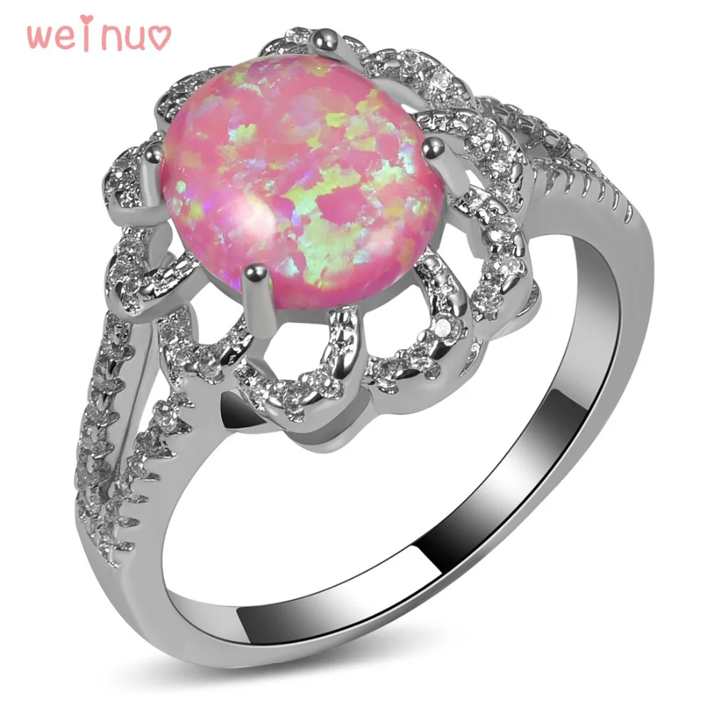 Weinuo Oval Pink Opal Flower Type White Crystal Ring 925 Sterling Silver Top Quality Jewelry Wedding Ring Size 5 6 7 8 9 10 11