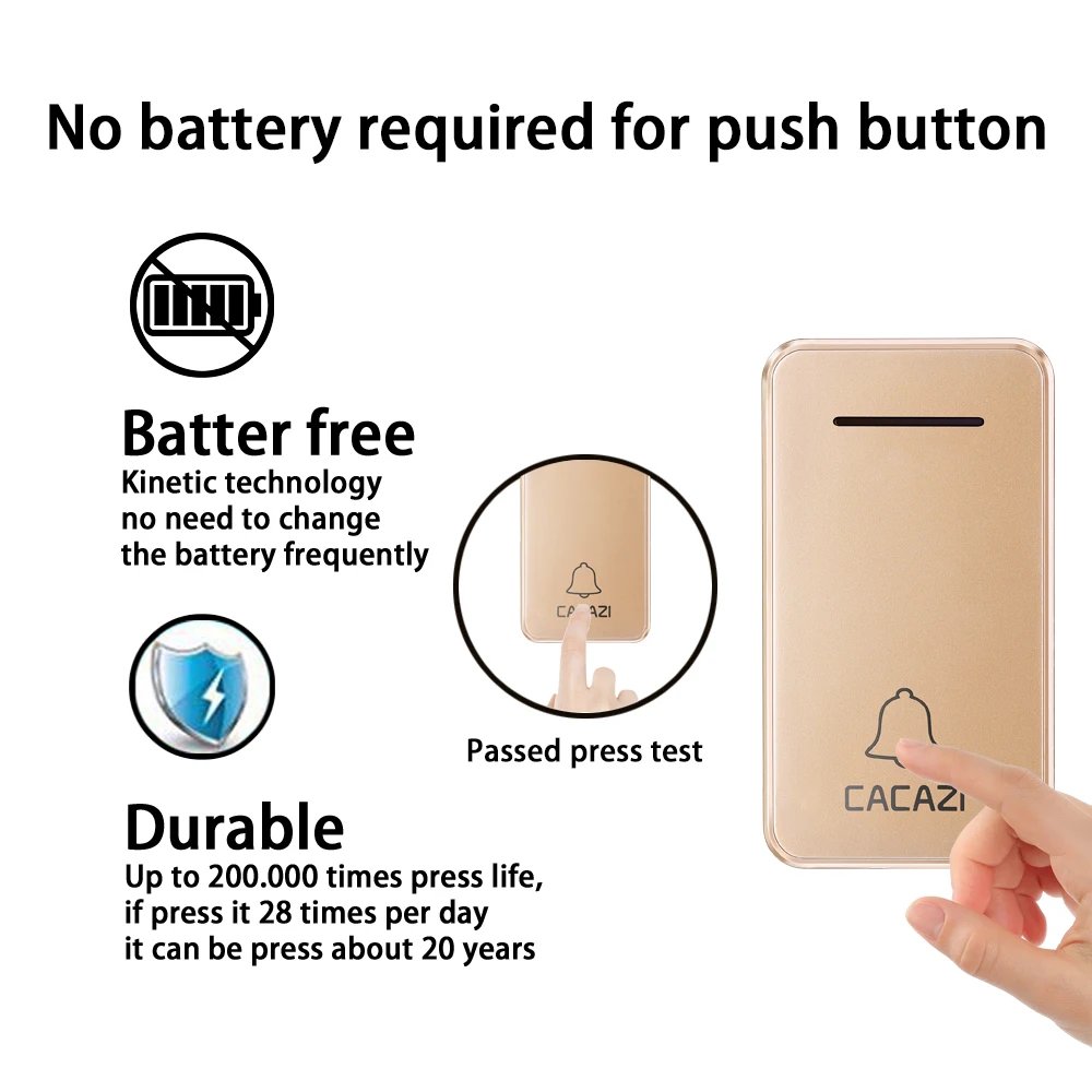 CACAZI Self-powered Wireless Doorbell No battery Waterproof Led light US EU Plug Cordless DoorBell Chime 1 2 Button 1 2 Receiver