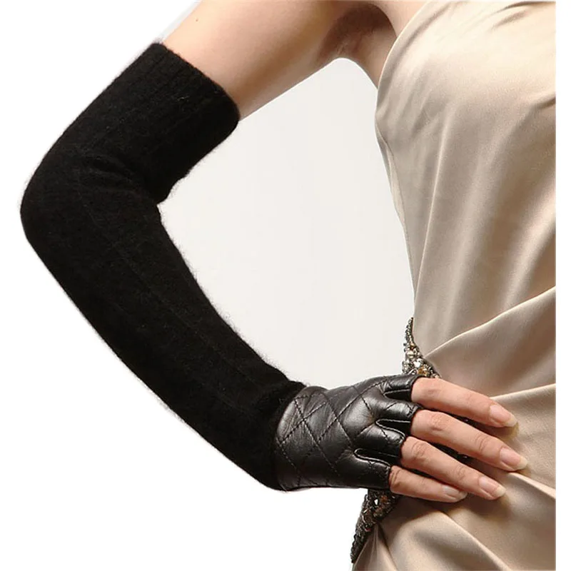 Long Fingerless Gloves Promotion Women Sheepskin Punk Fashion Genuine Leather Opera Solid Lady Mitten Winter Wool Glove L111NQ-5