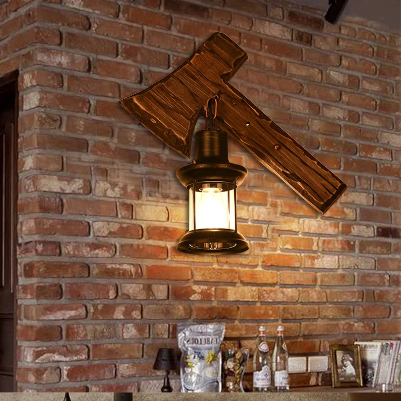 Solid wood retro creative wall lamp loft decoration Nordic personality cafe restaurant corridor bar wall ax kerosene LU721191