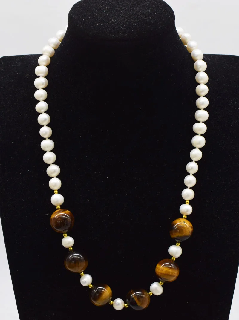 

freshwater pearl white/black near round tigereye 16mm necklace wholesale 19inch FPPJ nature beads gift