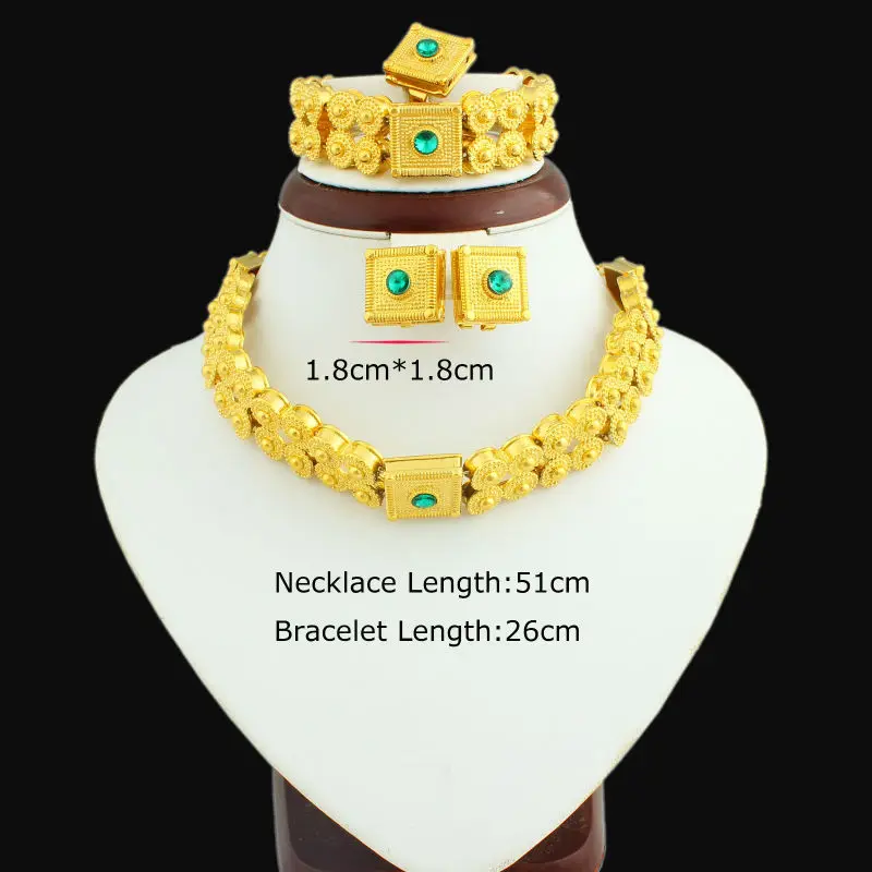 New Green Stone Ethiopian Set Jewelry 24K Gold Color Necklace/Earring/Ring/Bracelet Jewellery Set For Eritrea African Women