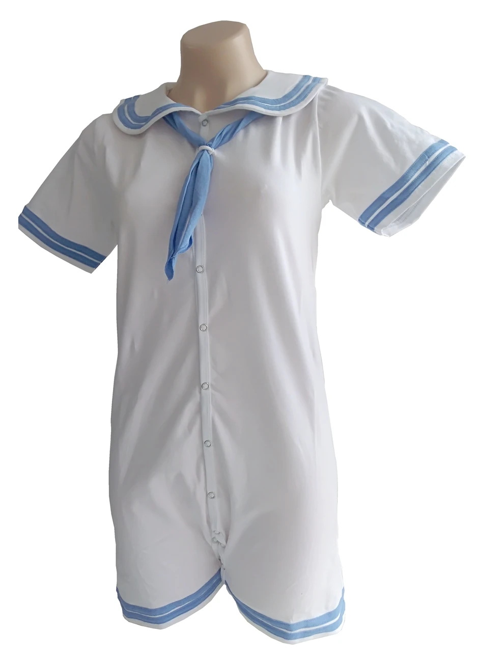 Sailor blanco con mono con ribete azul claro/mono para adulto/body para adulto/mameluco para bebé adulto/ropa abdl