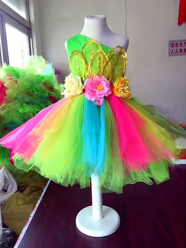 Colorful flowers standart salsa dance dress for girls Sexy modern dance costume for girls dance wear childrens kids competition