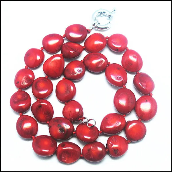 1PC Fashion Natural Red Sea Coral Irregular Beads Necklace Chains 17.5 Inch Length Handmade Knotted