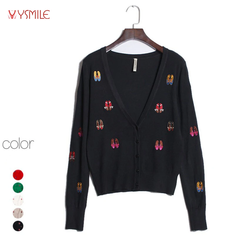 YSMILE Y Women Spring Autumn Sweater Tops V Neck Regular Sleeve Shoes Embroidery Fashion Short Knitting Cardigan For Lady