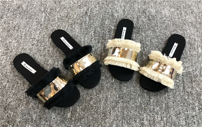 Cozy Shoes Women Slippers Fashion Metal Bling Slides Fur Fringe Flip Flops Summer Flat Slides Outside Ladies Shoes