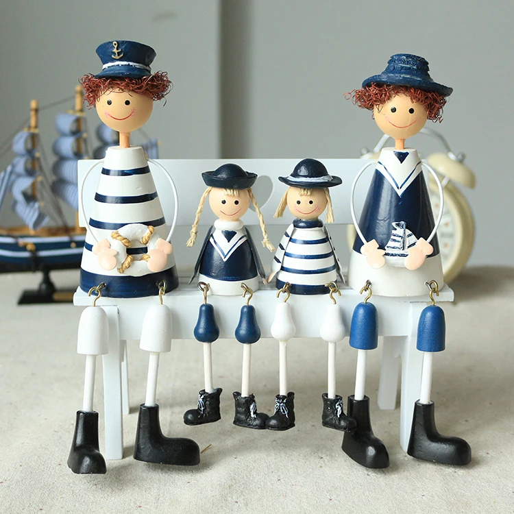 

4 Pieces A Family Of Four Creative Hanging Navy Wood Doll For Art Home Wooden Ornament Nautical Decor