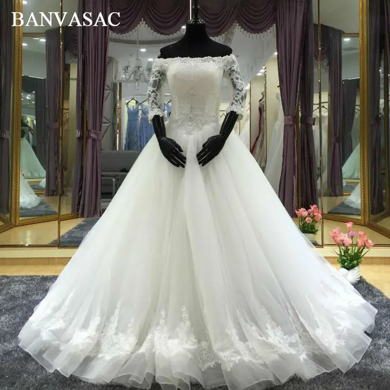 BANVASAC robes de mariage col en bateau, broderie de luxe, robes de mariage, dentelle trois quarts de manches en Satin, balayage en Train, robes de bal de mariée