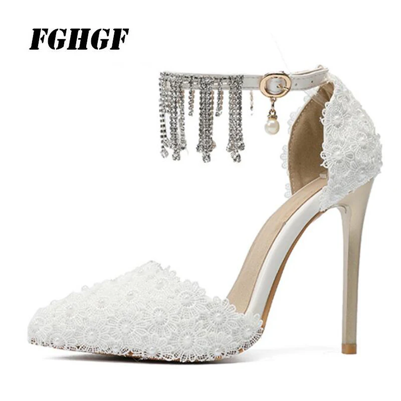 sandals stilettos White lace toe shoes Female high-heeled shoes fashion sexy The banquet Women's shoes Big yards 32 to 47