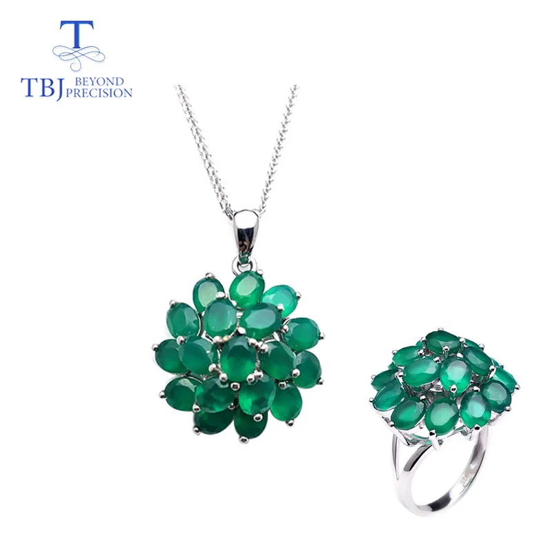 

TBJ,natural green agate with ring and pendant in 925 sterling silver jewelry simple classic elegant design for women lady gift