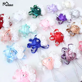 Meldel 코사지 신랑 웨딩 럭셔리 로즈 Boutonniere 장미 꽃 가짜 진주 브로치 파티 코사지 옷깃 핀 배지 Buttonhole