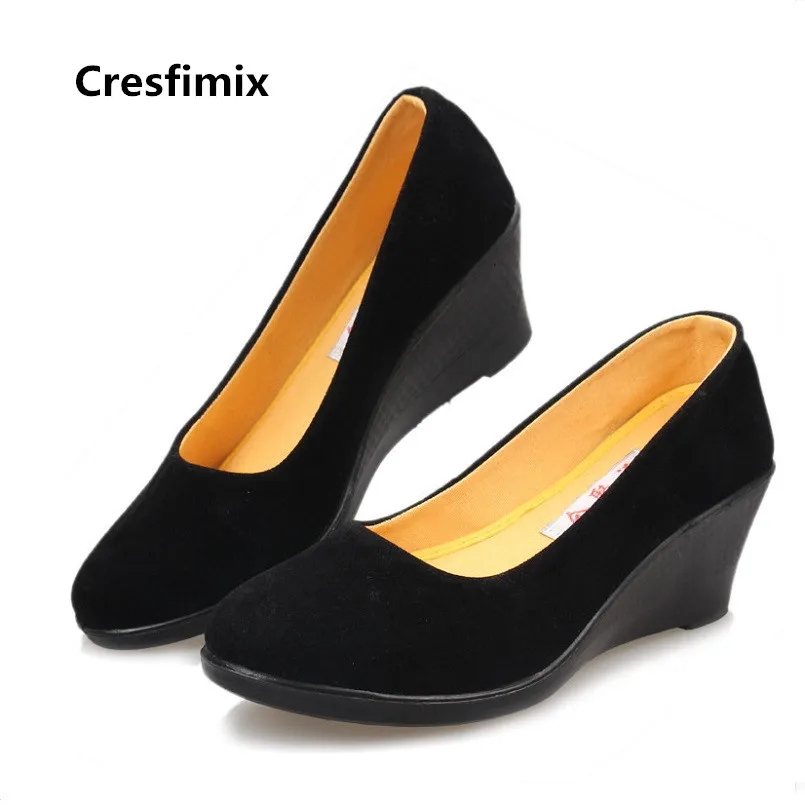 Cresfimix women fashion comfortable wedge heel hotel work shoes lady cool black slip on shoes spring autumn shoes zapatos a3130