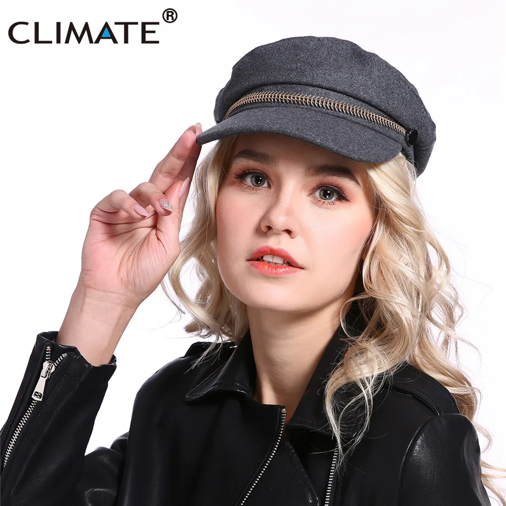 CLIMATE Women Fashion Punk Cap Hat Military Sailor Navy Caps Rivet Hat Cool Woolen Warm Caps Zipper Marine Hat Caps for Woman