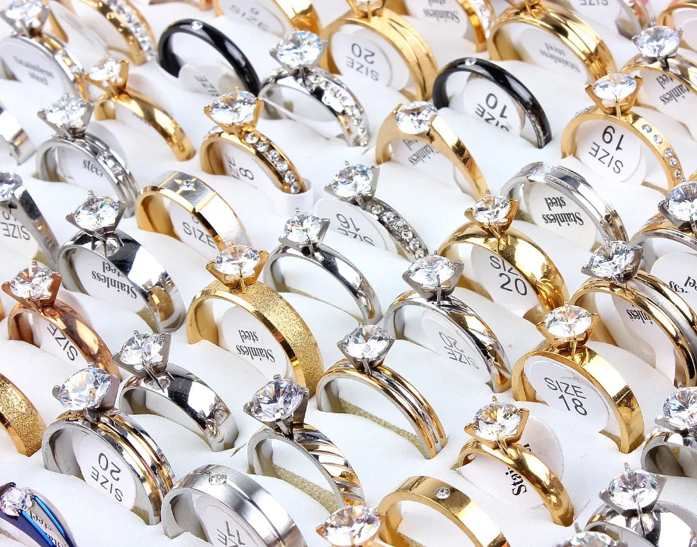 QianBei 30Pcs/Lot Womens Zirconia 316L Stainless Steel Rings Engagement Finger Jewelry Free Shippinng